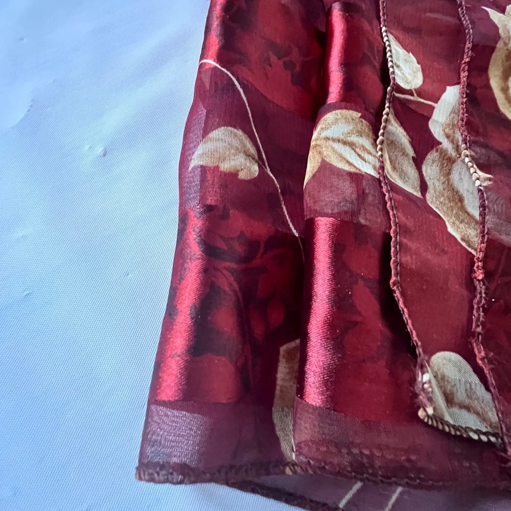 Vintage Sheer Floral Scarf Burgundy Rose Silky Striped Made in Korea 90s